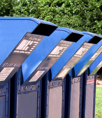 Image shows a row of U.S. mailboxes in a row.
