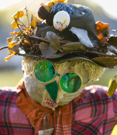 A closeup of a homemade scarecrow's face. It is wearing a hat with leaves and green glasses.