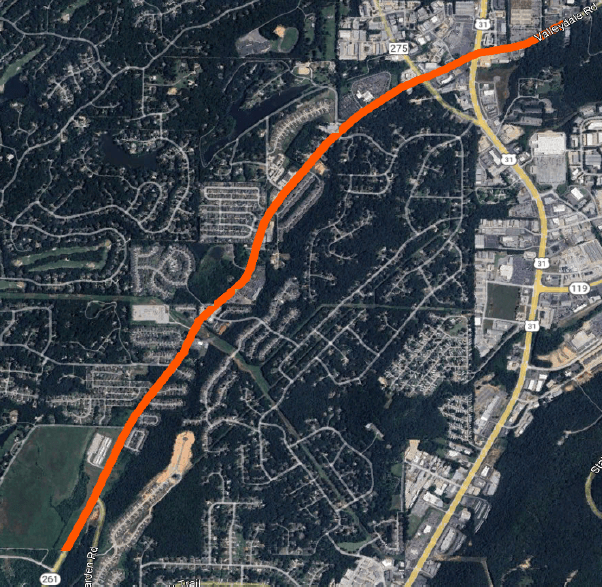 Hwy 261 highlighted on a map